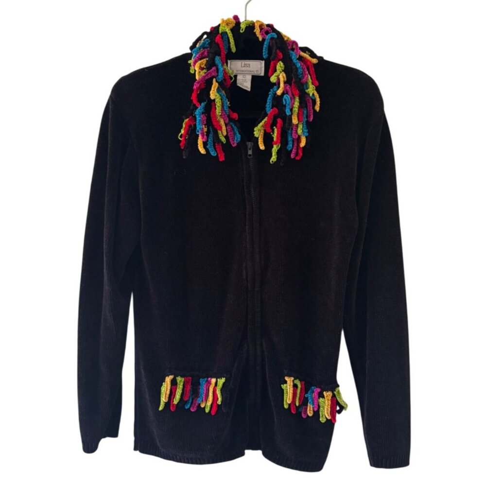Vintage Lisa International Y2K Boho Hippie Rainbow Fringe Chenille Zip Up Sweat